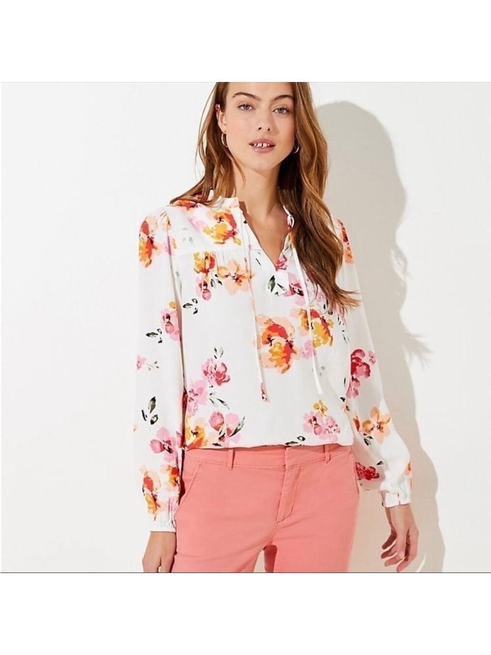 LOFT Floral Blossom Shirred Split Neck Blouse Top Size S